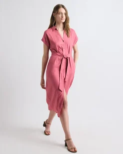 Short-Sleeve Linen-Blend Midi Dress with Shirt Collar