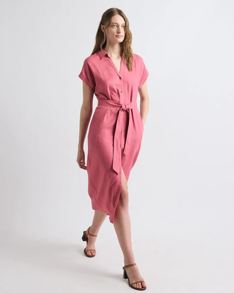 Short-Sleeve Linen-Blend Midi Dress with Shirt Collar