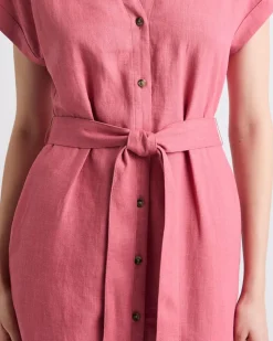 Short-Sleeve Linen-Blend Midi Dress with Shirt Collar