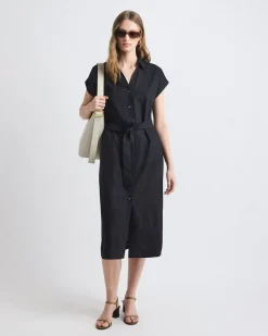 Short-Sleeve Linen-Blend Midi Dress with Shirt Collar