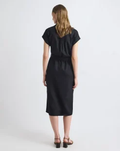 Short-Sleeve Linen-Blend Midi Dress with Shirt Collar