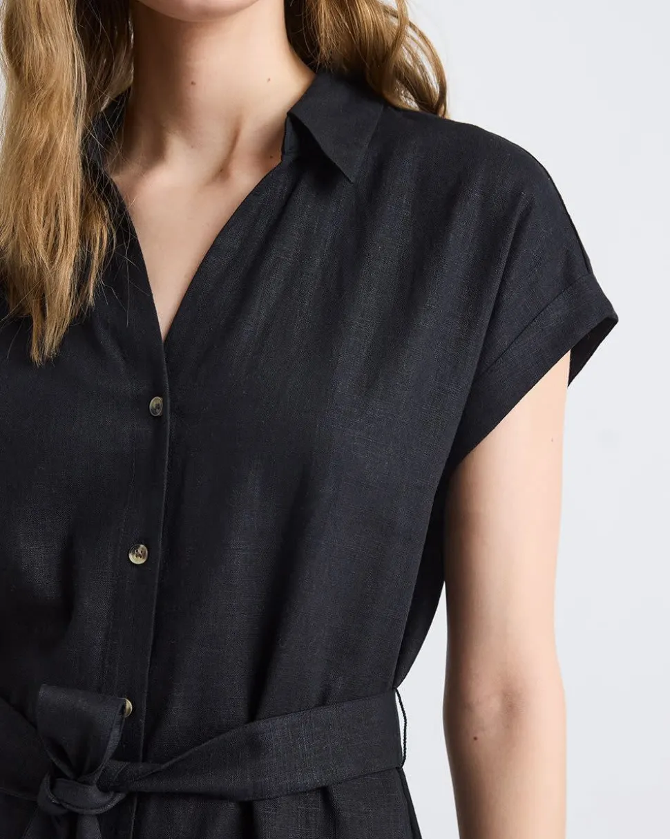 Short-Sleeve Linen-Blend Midi Dress with Shirt Collar