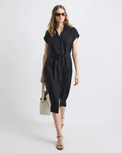 Short-Sleeve Linen-Blend Midi Dress with Shirt Collar