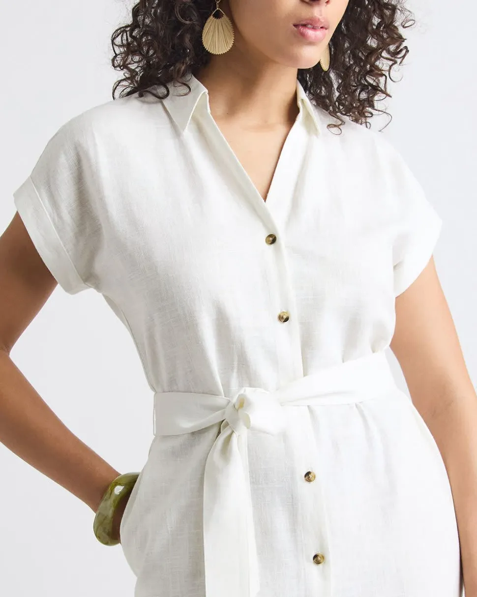 Short-Sleeve Linen-Blend Midi Dress with Shirt Collar