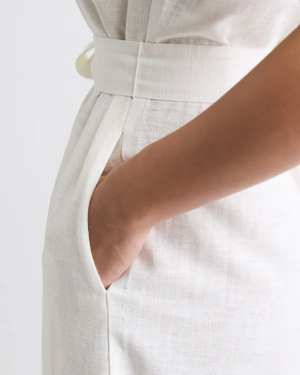 Short-Sleeve Linen-Blend Midi Dress with Shirt Collar