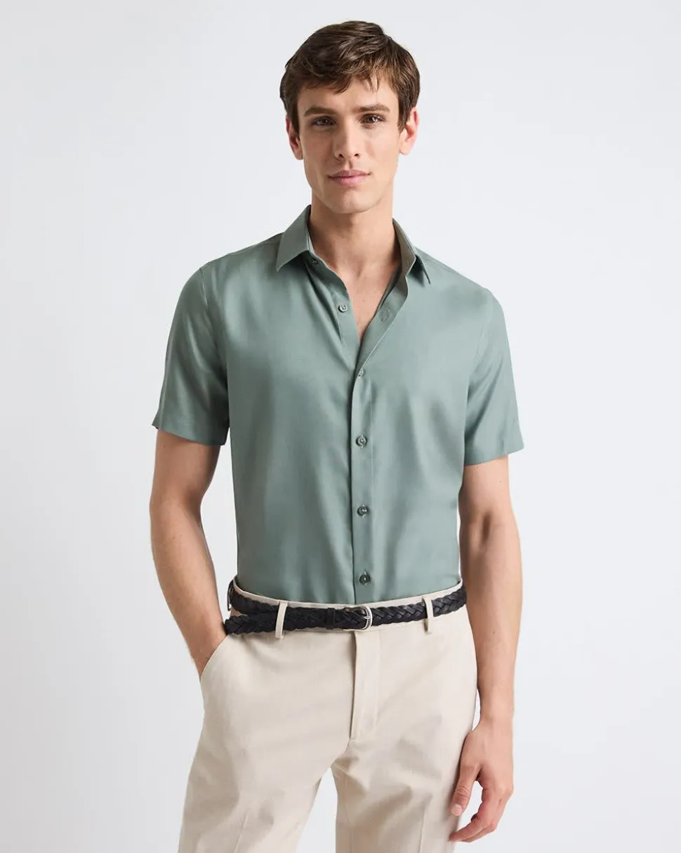Short-Sleeve Slim-Fit Knit-Like Dress Shirt