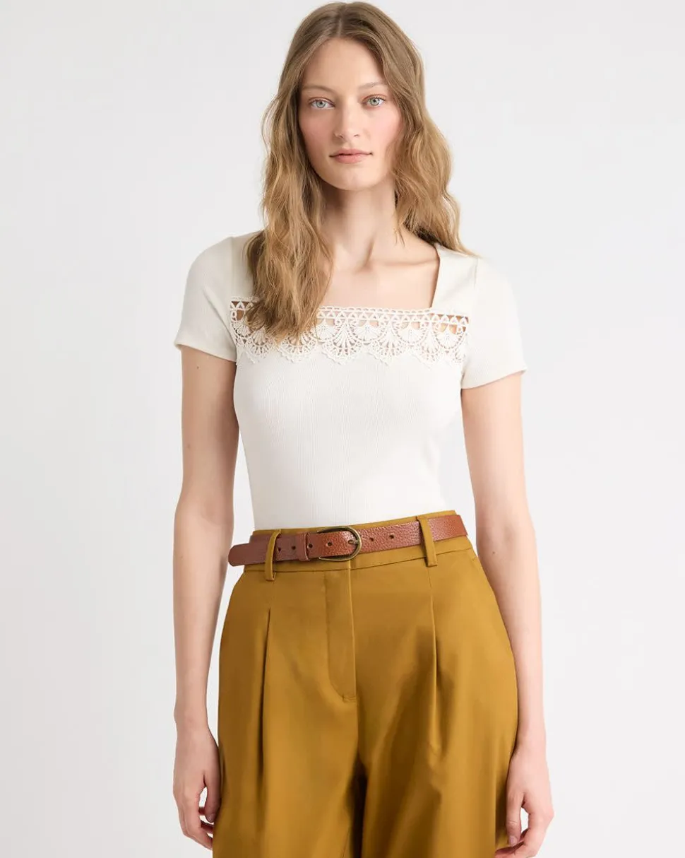 Short-Sleeve Square-Neck Ribbed Top