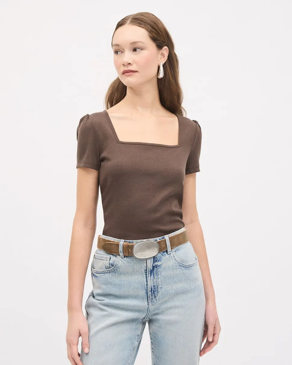 Short-Sleeve Square-Neck Ribbed Top