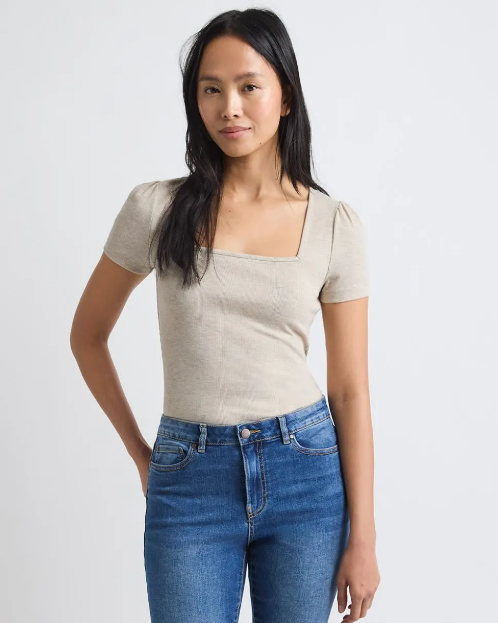 Short-Sleeve Square-Neck Ribbed Top
