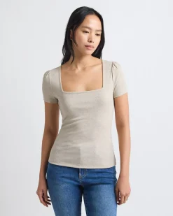 Short-Sleeve Square-Neck Ribbed Top