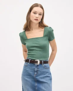 Short-Sleeve Square-Neck Ribbed Top