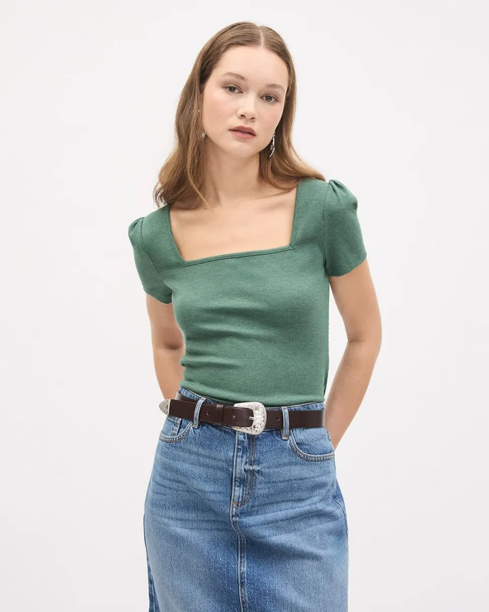 Short-Sleeve Square-Neck Ribbed Top
