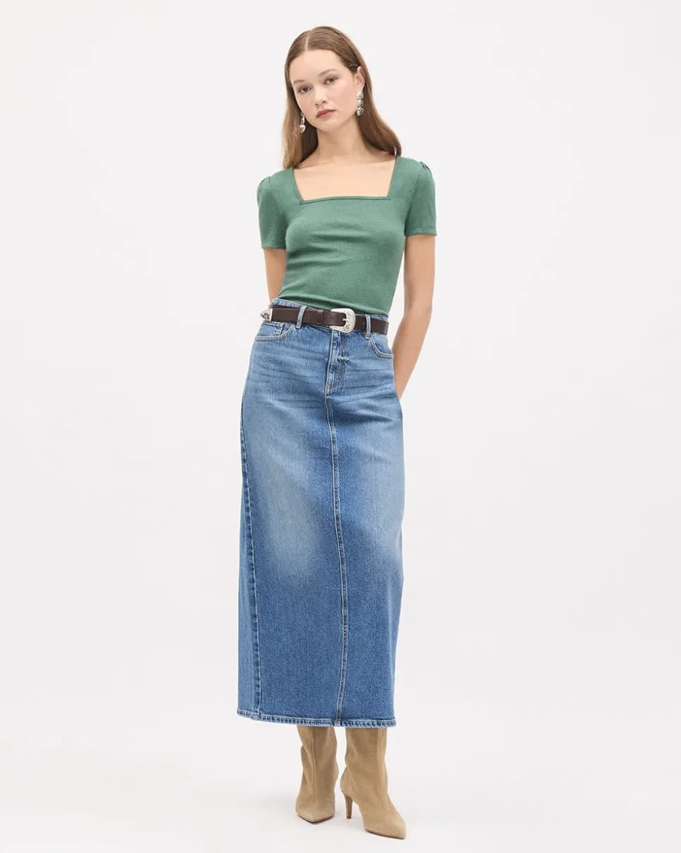 Short-Sleeve Square-Neck Ribbed Top