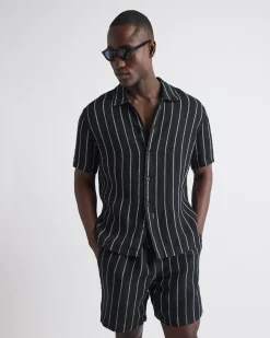 Short-Sleeve Striped Linen Shirt with Regular Collar