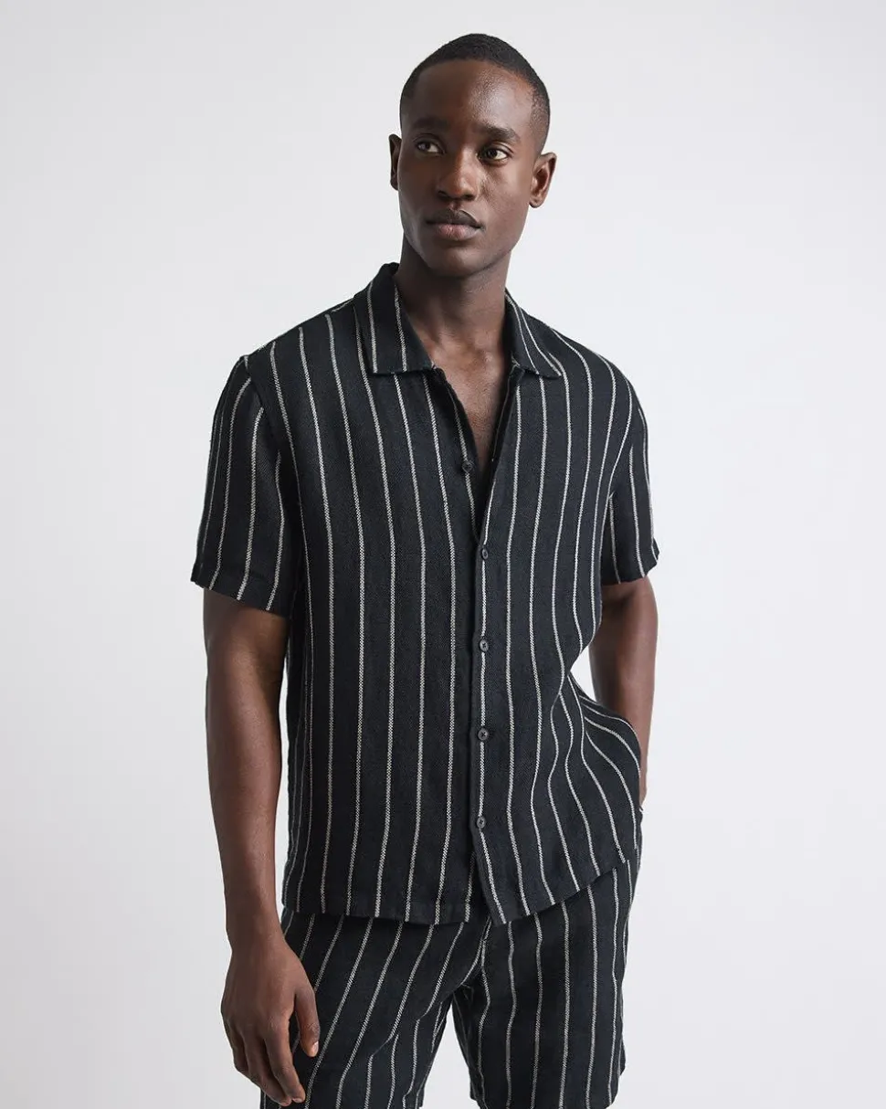 Short-Sleeve Striped Linen Shirt with Regular Collar