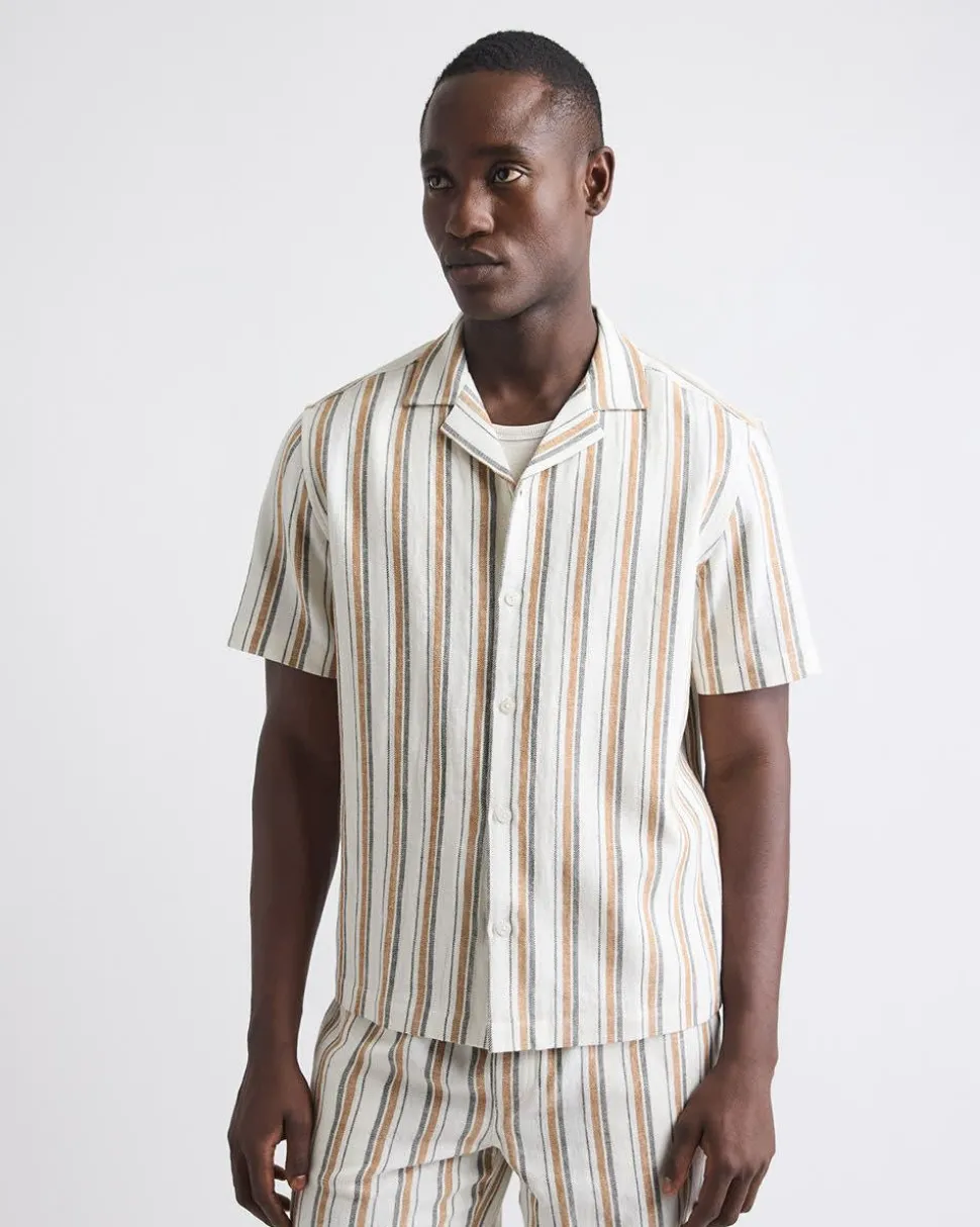 Short-Sleeve Striped Linen-Blend Shirt with Camp Collar