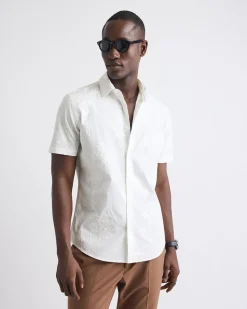 Short-Sleeves Tailored-Fit Dress Shirt with Floral Embroideries
