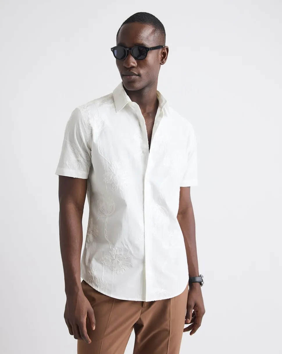 Short-Sleeves Tailored-Fit Dress Shirt with Floral Embroideries