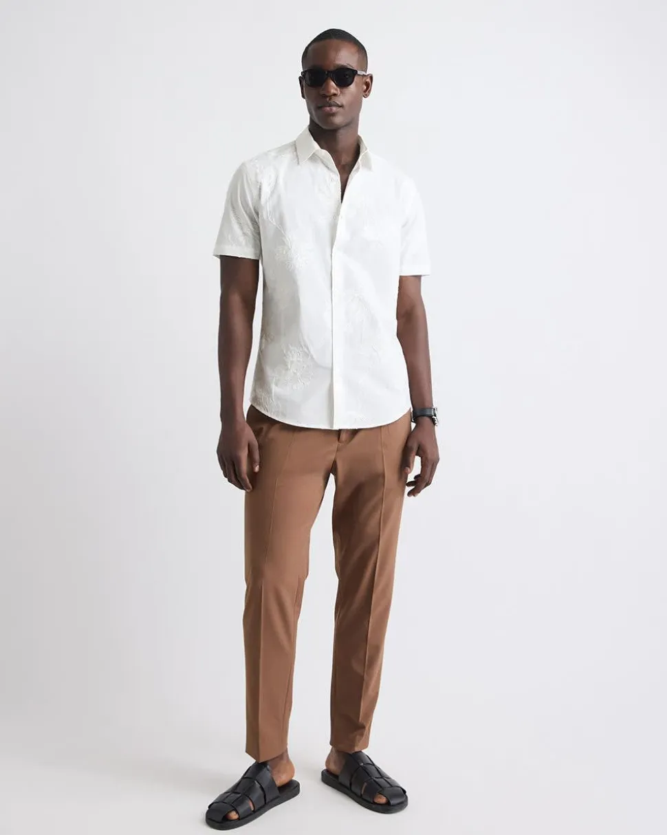 Short-Sleeves Tailored-Fit Dress Shirt with Floral Embroideries