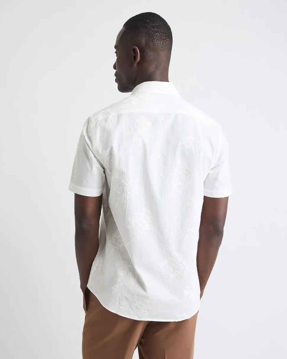 Short-Sleeves Tailored-Fit Dress Shirt with Floral Embroideries