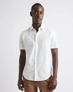 Short-Sleeves Tailored-Fit Dress Shirt with Floral Embroideries