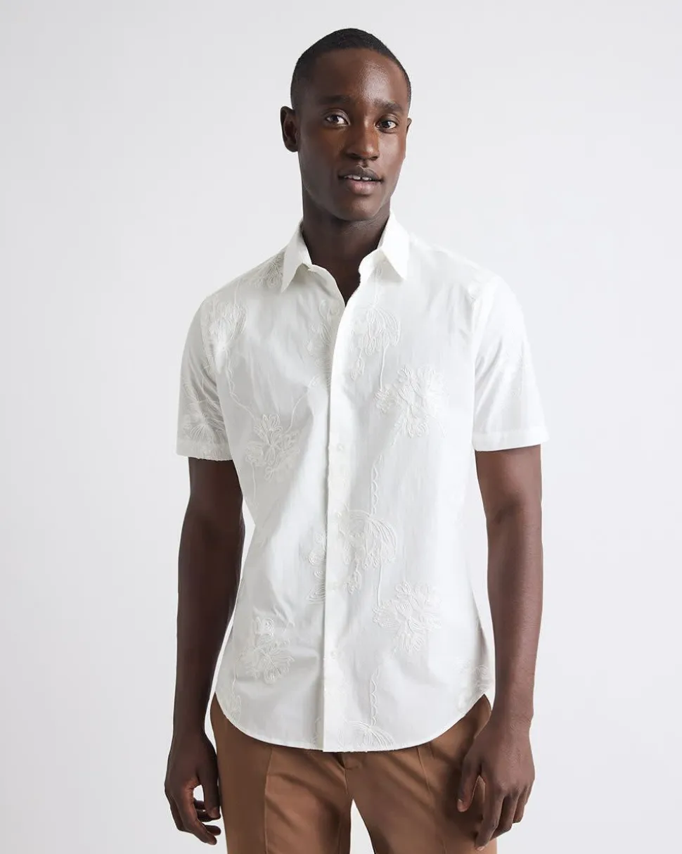 Short-Sleeves Tailored-Fit Dress Shirt with Floral Embroideries