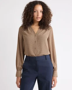 Silky Crepe Long-Sleeve Buttoned-Down Blouse