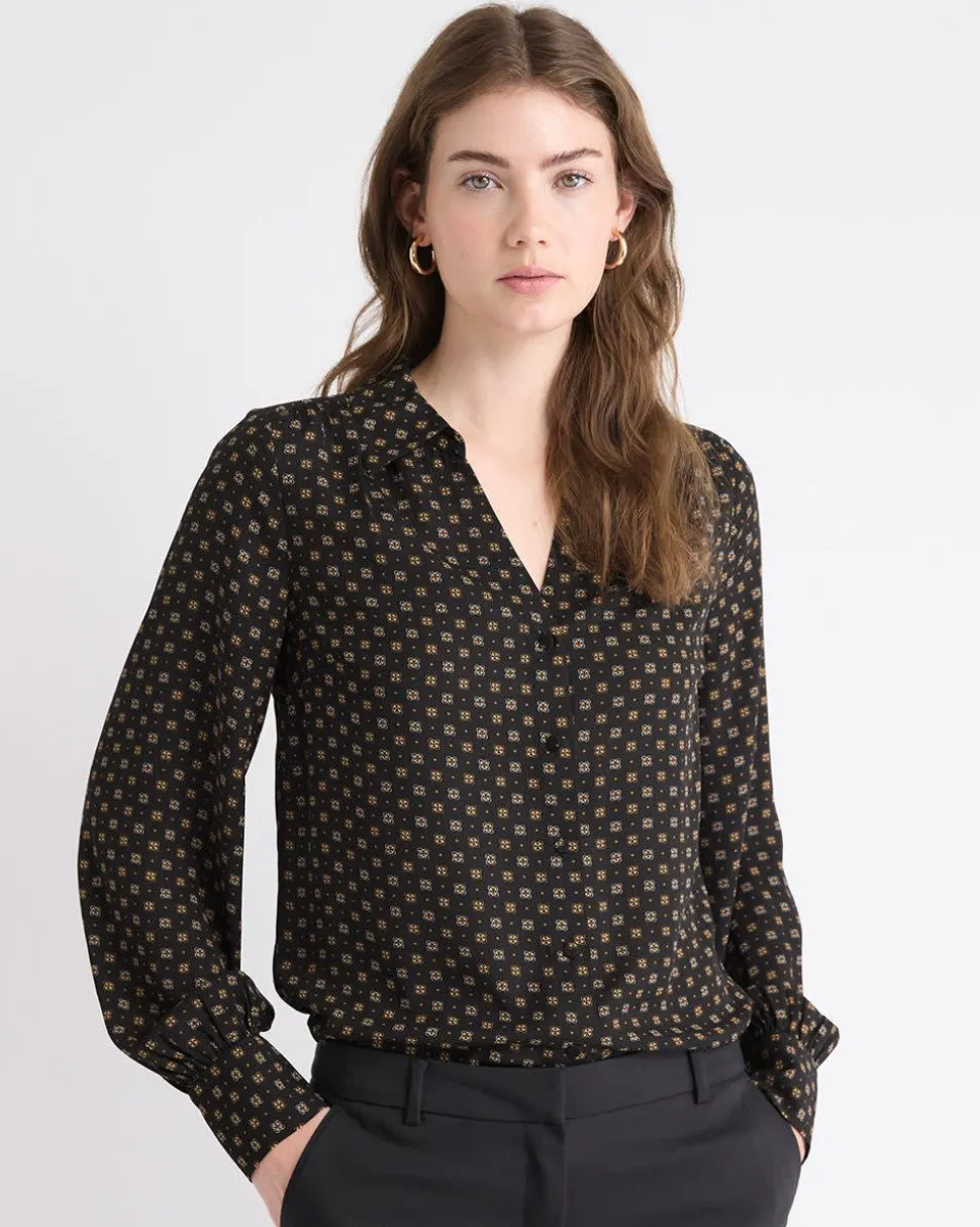 Silky Crepe Long-Sleeve Buttoned-Down Blouse