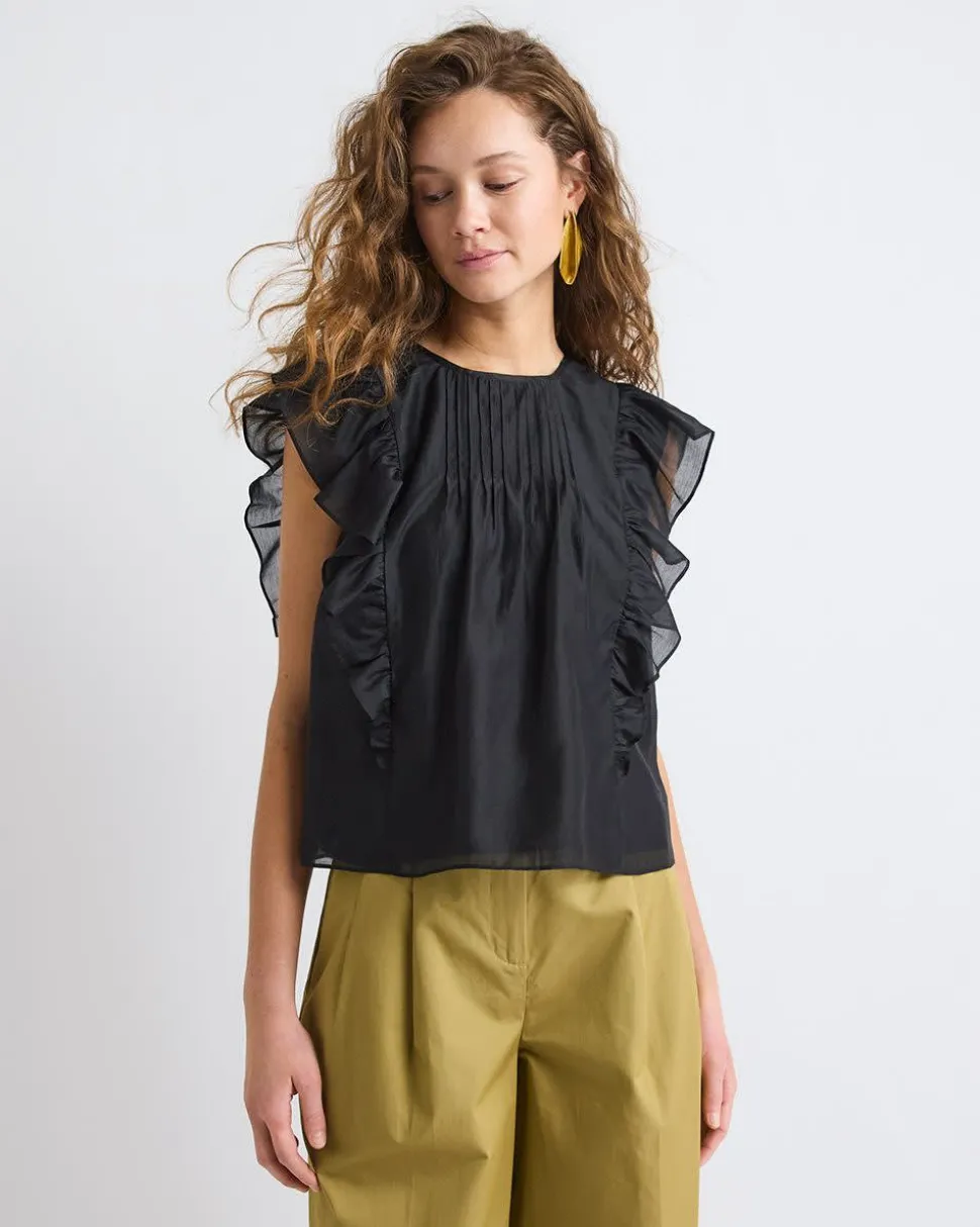 Sleeveless Blouse with Ruffles at Shoulders