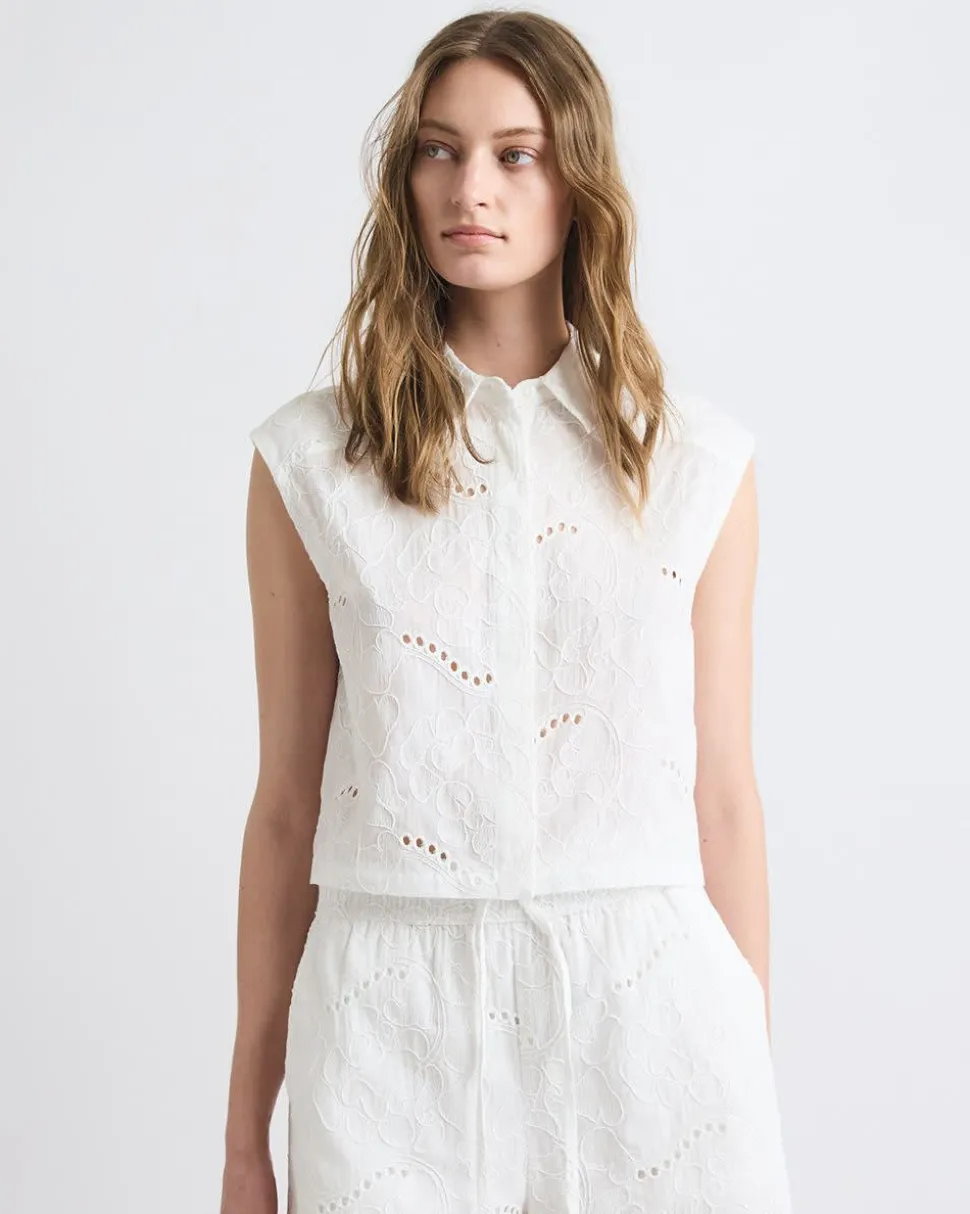 Sleeveless Buttoned-Down Blouse with Eyelet Pattern