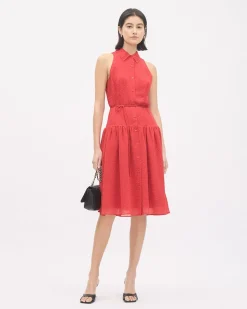 Sleeveless Buttoned-Down Chiffon Dress with Shirt Collar