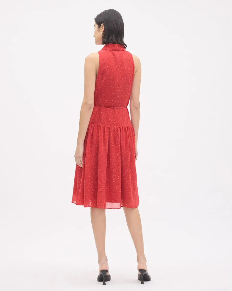 Sleeveless Buttoned-Down Chiffon Dress with Shirt Collar