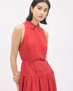 Sleeveless Buttoned-Down Chiffon Dress with Shirt Collar