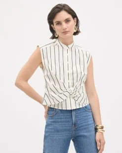 Sleeveless Buttoned-Down Striped Poplin Blouse with Twisted Detail