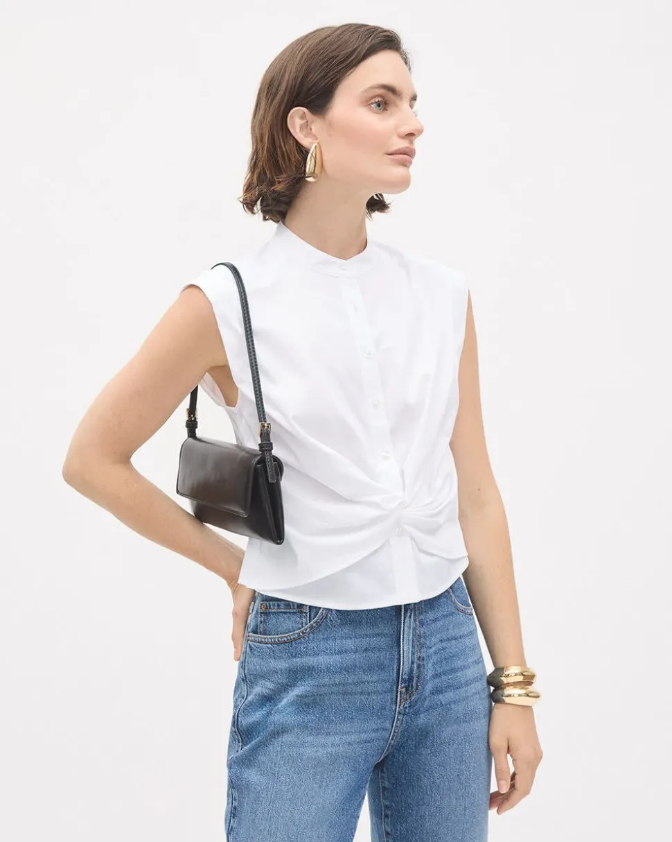 Sleeveless Buttoned-Down White Poplin Blouse with Twisted Detail