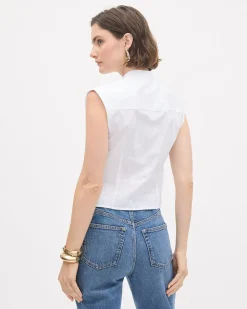 Sleeveless Buttoned-Down White Poplin Blouse with Twisted Detail