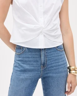 Sleeveless Buttoned-Down White Poplin Blouse with Twisted Detail