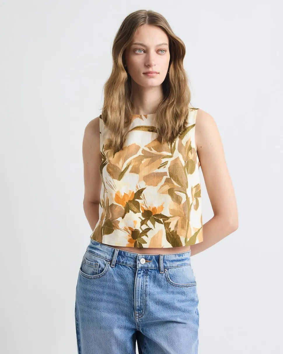 Sleeveless Crew-Neck Linen-Blend Blouse