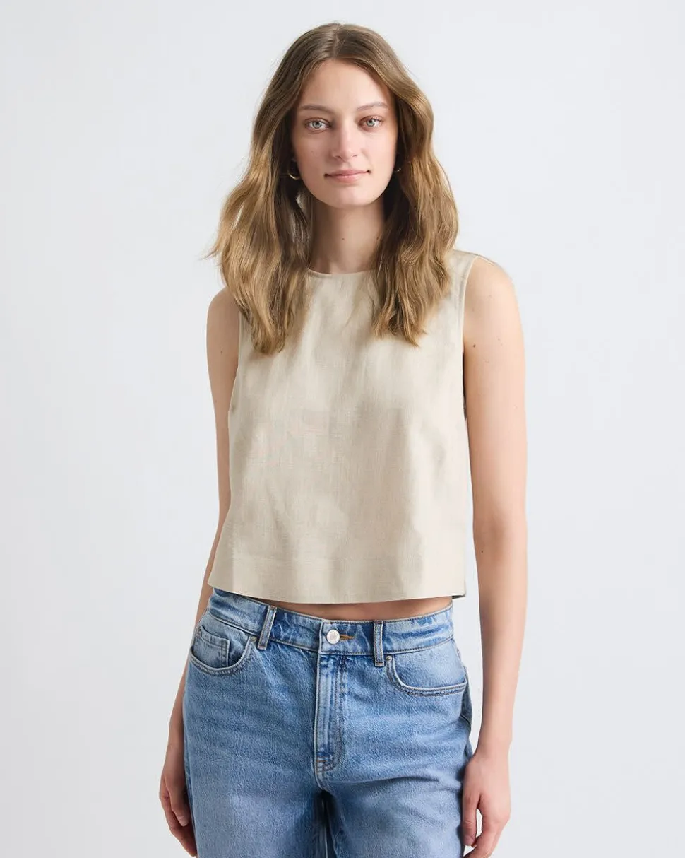 Sleeveless Crew-Neck Linen-Blend Blouse