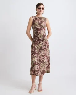 Sleeveless Crew-Neck Midi Dress with Shirred Seam