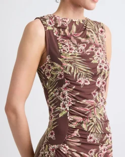Sleeveless Crew-Neck Midi Dress with Shirred Seam