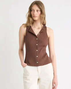 Sleeveless Crew-Neck Ribbed Buttoned-Down Top