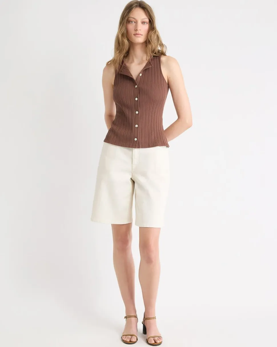 Sleeveless Crew-Neck Ribbed Buttoned-Down Top