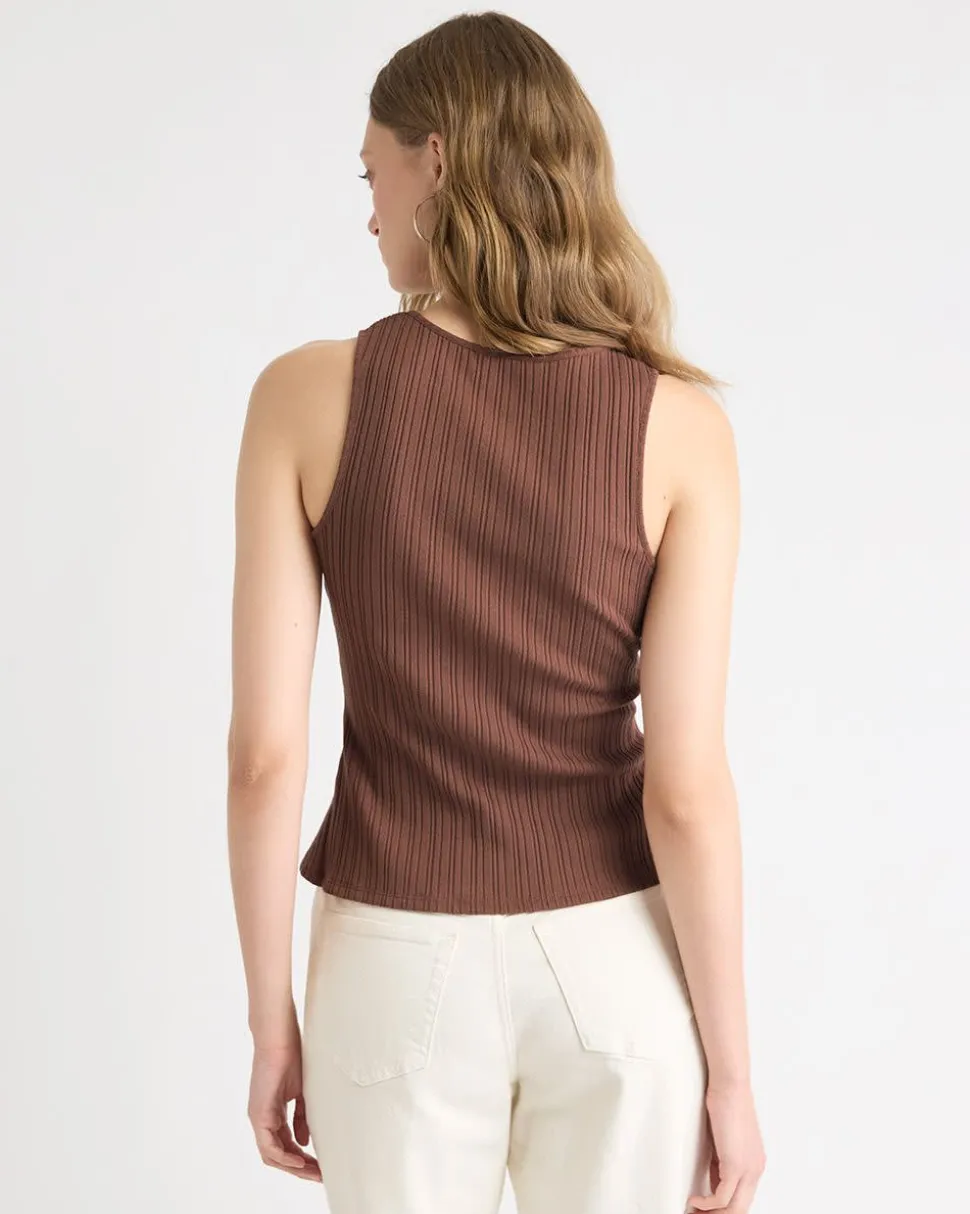 Sleeveless Crew-Neck Ribbed Buttoned-Down Top
