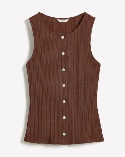 Sleeveless Crew-Neck Ribbed Buttoned-Down Top