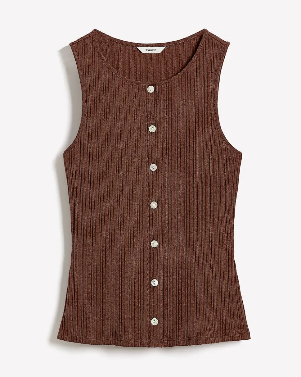 Sleeveless Crew-Neck Ribbed Buttoned-Down Top