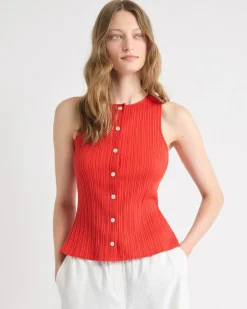Sleeveless Crew-Neck Ribbed Buttoned-Down Top