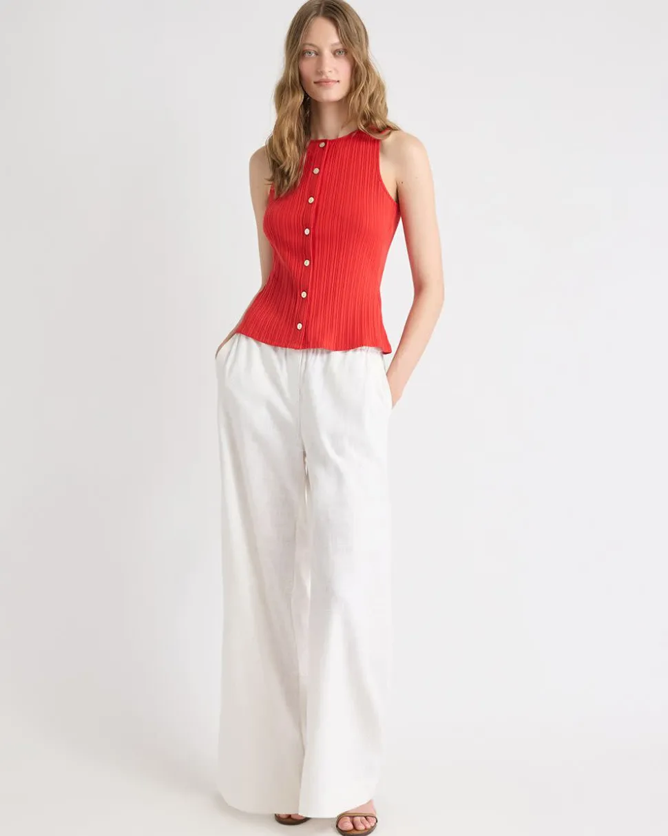 Sleeveless Crew-Neck Ribbed Buttoned-Down Top