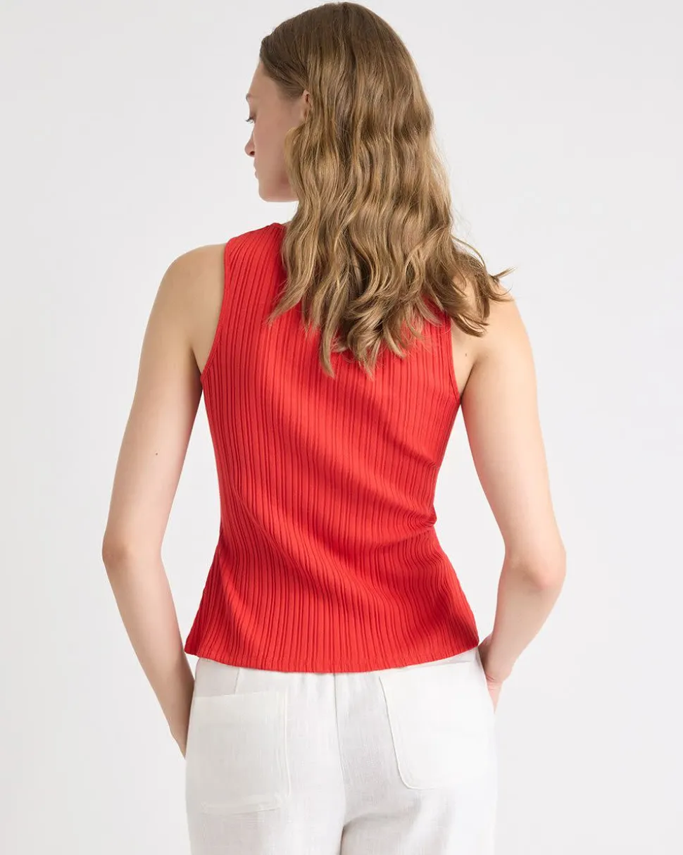 Sleeveless Crew-Neck Ribbed Buttoned-Down Top