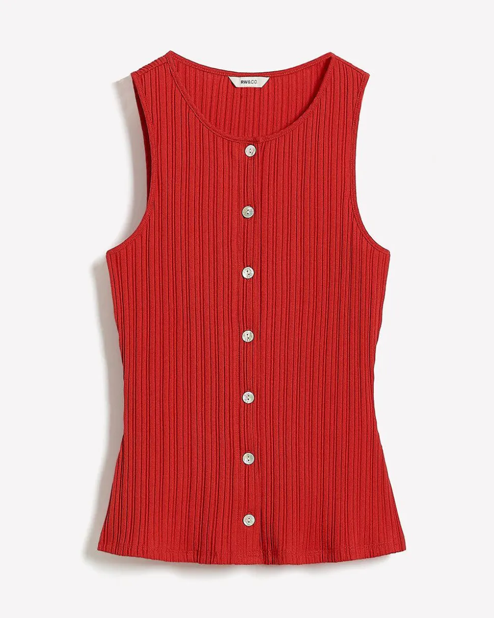Sleeveless Crew-Neck Ribbed Buttoned-Down Top